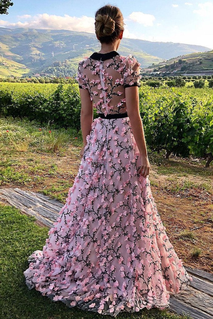 Floral Long Short Sleeves Cheap Prom Dresses with Appliques INN12