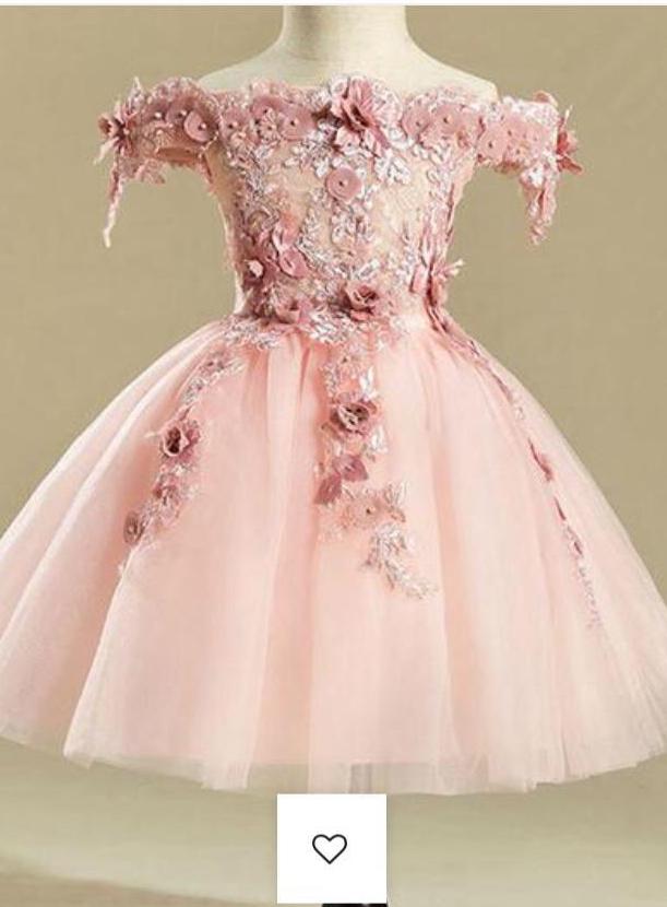 Pink Embroidery Flower Girl Dresses,Tulle Short Girl Dresses INJ25