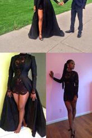 Vintage Long Sleeve Sexy Black A-Line Lace Satin Prom Dresses INE16