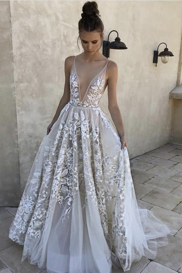 Elegant A Line Deep V-Neck Ivory Tulle Long Prom Dress with Lace Appliques INI39