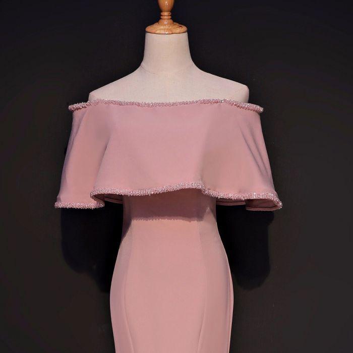 Elegant Trumpet Mermaid Off-the-shoulder Floor Length Pink Prom Dress With Slit IN631