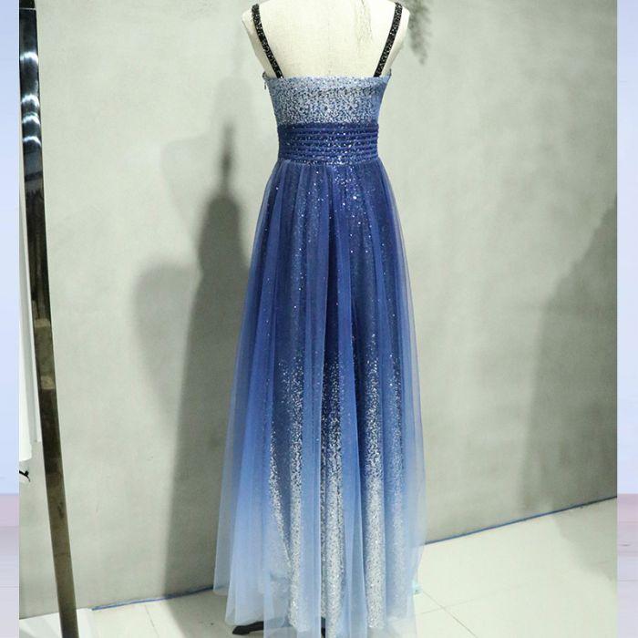 A-line Spaghetti Strap Sleeveless Royal Blue Tulle Sequins Modest Long Prom Dress IN616
