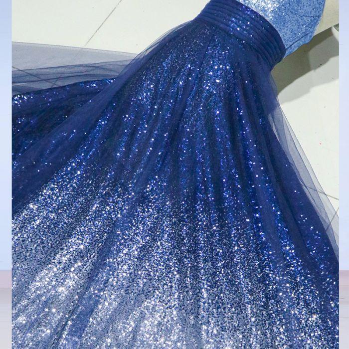 A-line Spaghetti Strap Sleeveless Royal Blue Tulle Sequins Modest Long Prom Dress IN616