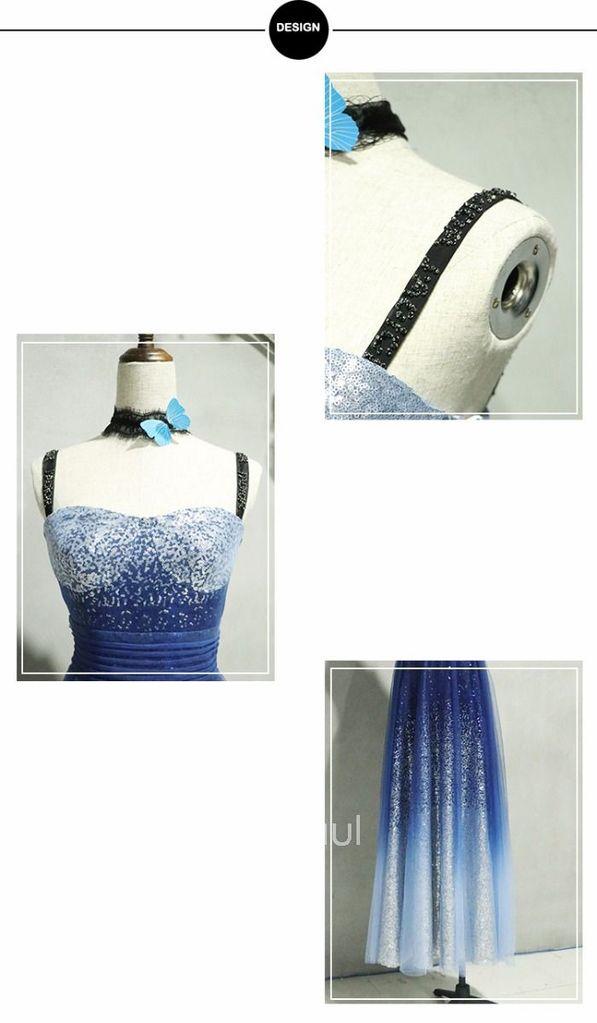 A-line Spaghetti Strap Sleeveless Royal Blue Tulle Sequins Modest Long Prom Dress IN616