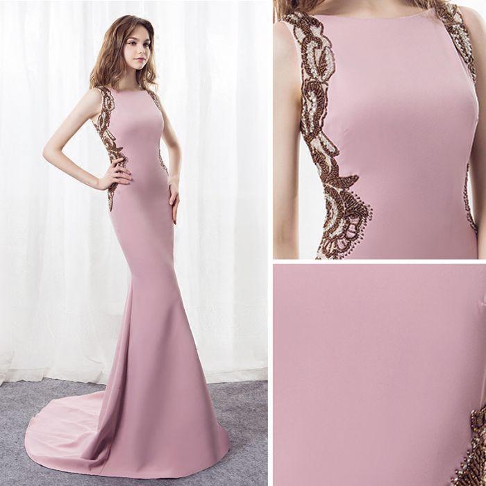 Elegant Mermaid Pink Sweep Train Bateau Long Prom Dress With Beading IN885