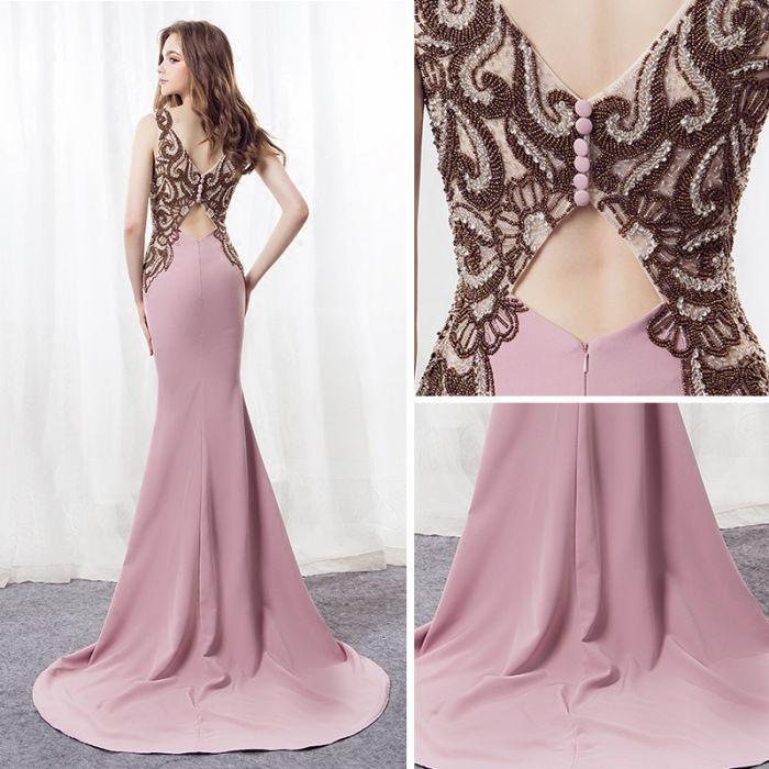 Elegant Mermaid Pink Sweep Train Bateau Long Prom Dress With Beading IN885