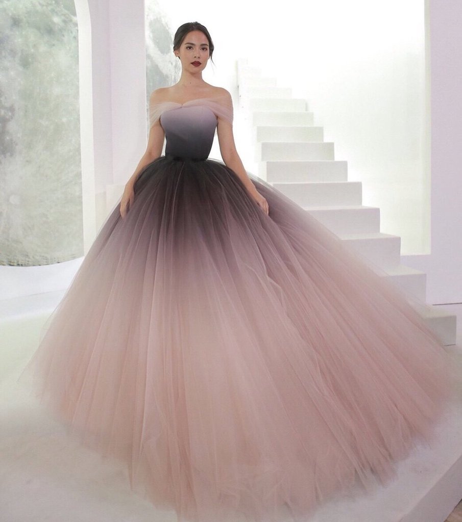 Off-the-shoulder Ombre Ball Gown Prom Dresses Cheap Long Evening Dresses INJ56
