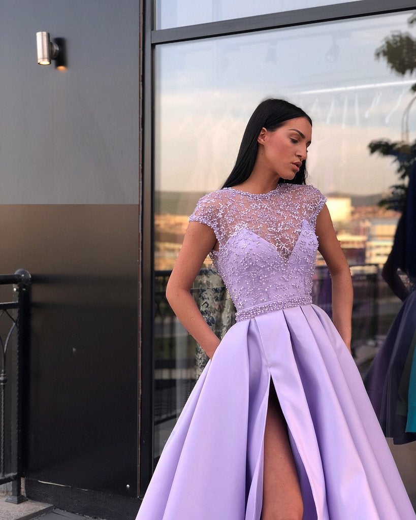 Light Purple A Line Satin Slit Cap Sleeves Prom Dresses With Pockets INE52