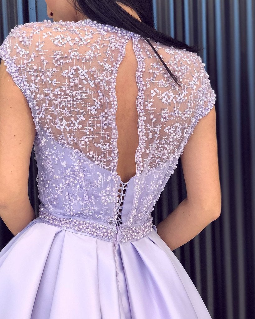 Light Purple A Line Satin Slit Cap Sleeves Prom Dresses With Pockets INE52