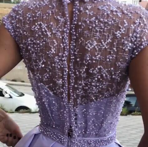 Light Purple A Line Satin Slit Cap Sleeves Prom Dresses With Pockets INE52
