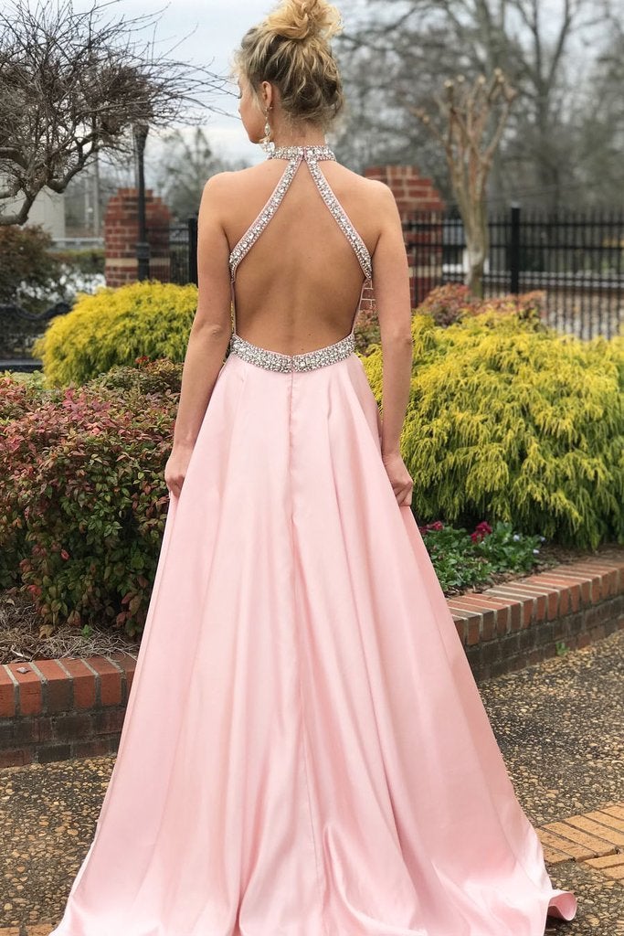 Fashion A-line Pink High Neck Sexy Back Cheap Beading Prom Dress INA15