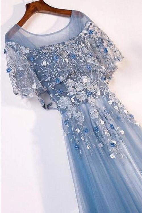 A-Line Blue Tulle Short Sleeves Long Lace Up Formal Evening Prom Dresses INF29
