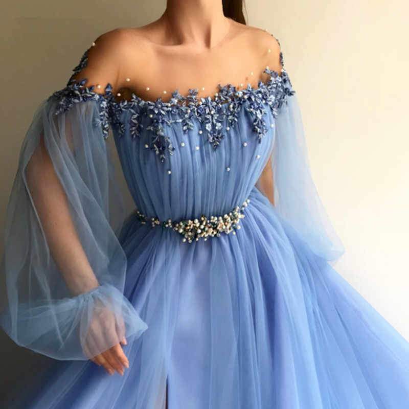 Elegant Blue Long Sleeves Off the Shoulder Beaded Crystal Side Slit Prom Dresses INC78