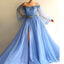Elegant Blue Long Sleeves Off the Shoulder Beaded Crystal Side Slit Prom Dresses INC78