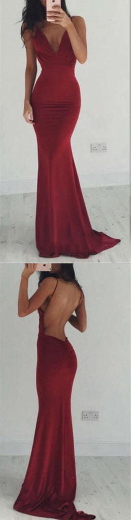 Sexy Burgundy Mermaid Long Spaghetti Straps Prom Dresses IND81