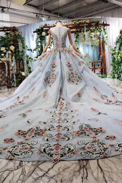 Ball Gown Light Blue Cap Sleeve Long Prom Dresses, Beaded Lace up Quinceanera Dresses INN75