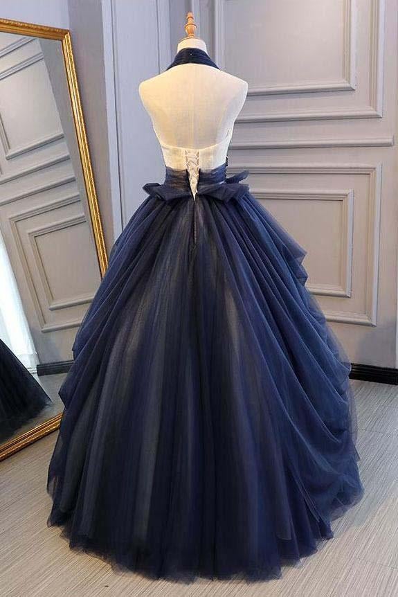 Princess Ball Gown Dark Blue Tulle Halter Prom Dresses Deep V Neck Backless Evening Dresses INI90