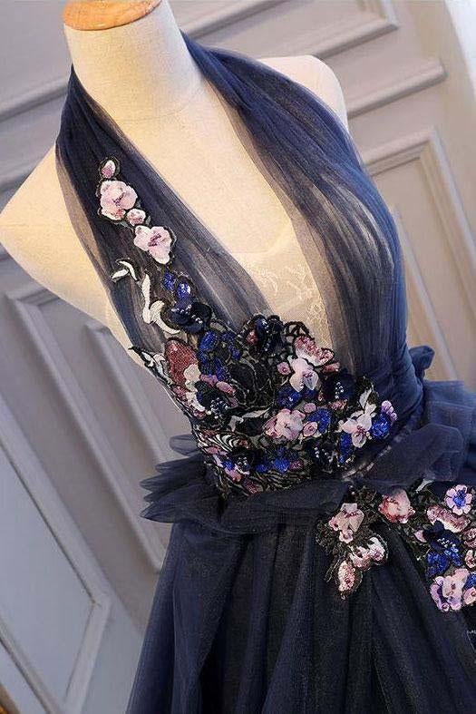 Princess Ball Gown Dark Blue Tulle Halter Prom Dresses Deep V Neck Backless Evening Dresses INI90