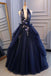 Princess Ball Gown Dark Blue Tulle Halter Prom Dresses Deep V Neck Backless Evening Dresses INI90