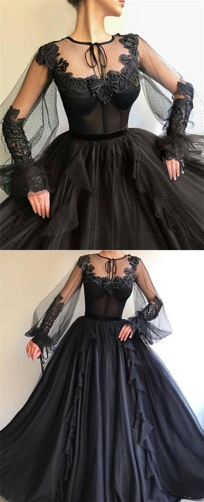 Black Long A-line Tulle Prom Dress, Long Sleeves Modest Evening Gown ING82