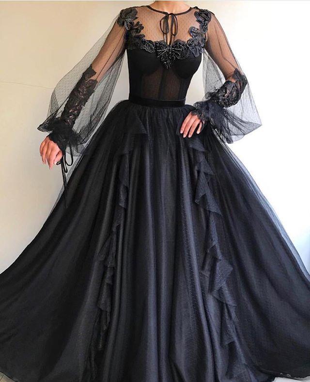 Black Long A-line Tulle Prom Dress, Long Sleeves Modest Evening Gown ING82