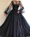Black Long A-line Tulle Prom Dress, Long Sleeves Modest Evening Gown ING82