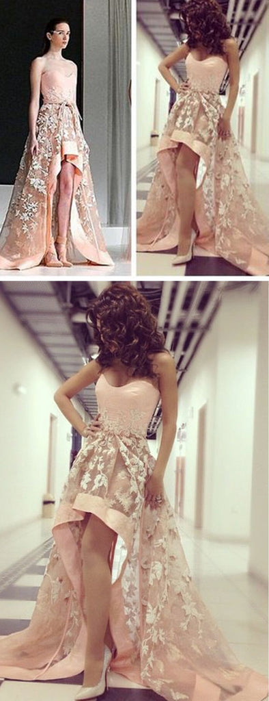 High Low Sweetheart Strapless A Line Lace Prom Dresses INF98