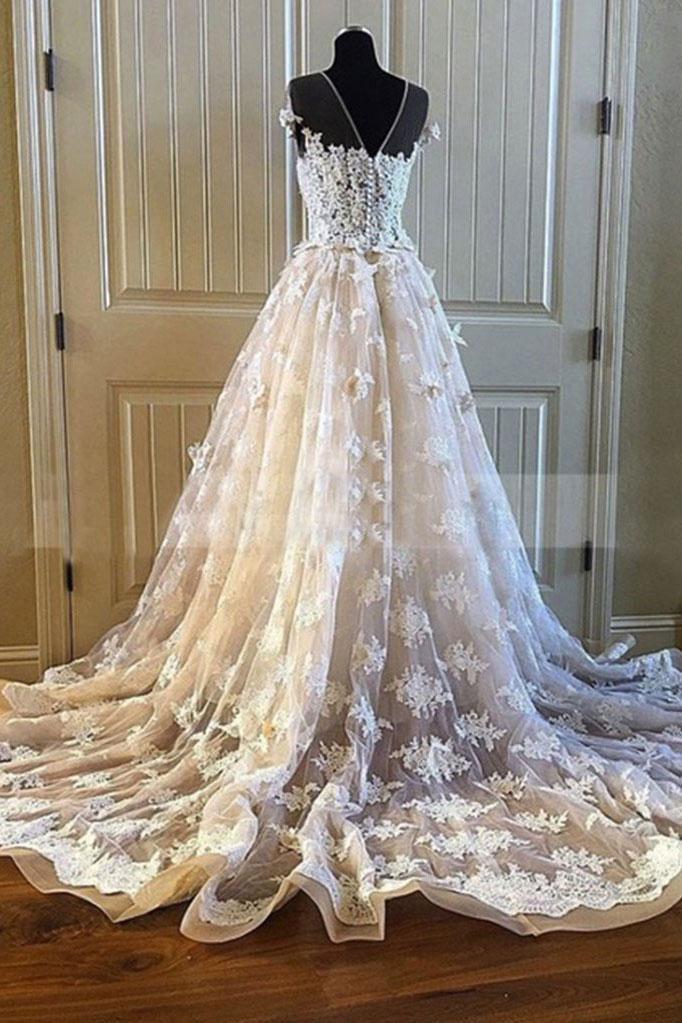 Charming Lace Long A Line Prom Dress, Long Wedding Dress With Cap Sleeves INE92