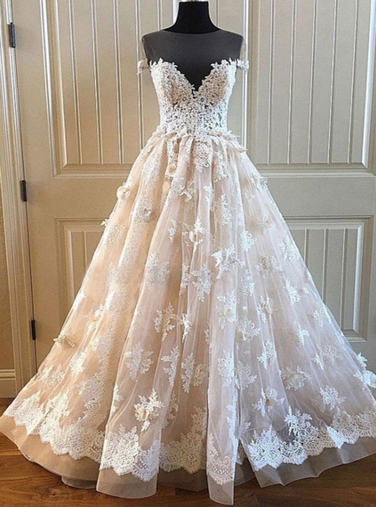 Charming Lace Long A Line Prom Dress, Long Wedding Dress With Cap Sleeves INE92