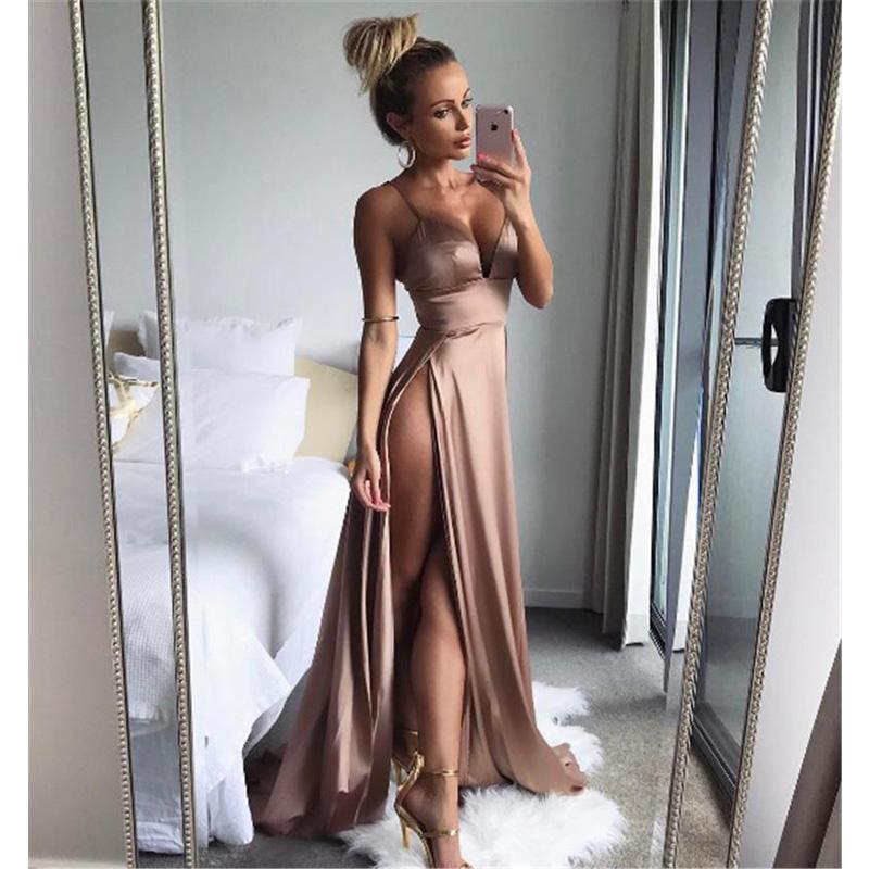 A Line Spaghetti Straps Sexy Slit Prom Dresses. Cheap Long Evening Dress INJ26