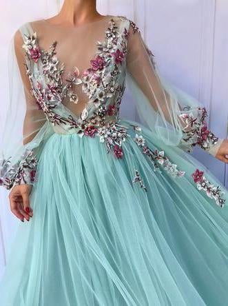 Princess Scoop Floral Appliques Long Puffy Sleeves Prom Dress INI31