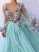 Princess Scoop Floral Appliques Long Puffy Sleeves Prom Dress INI31
