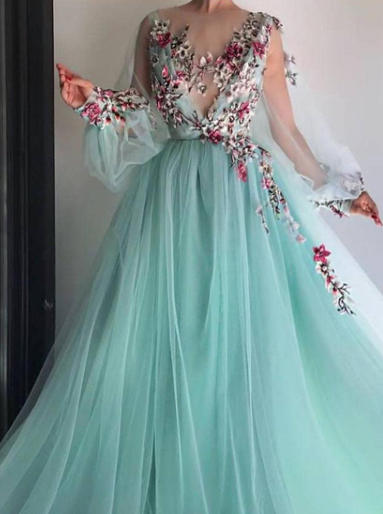 Princess Scoop Floral Appliques Long Puffy Sleeves Prom Dress INI31