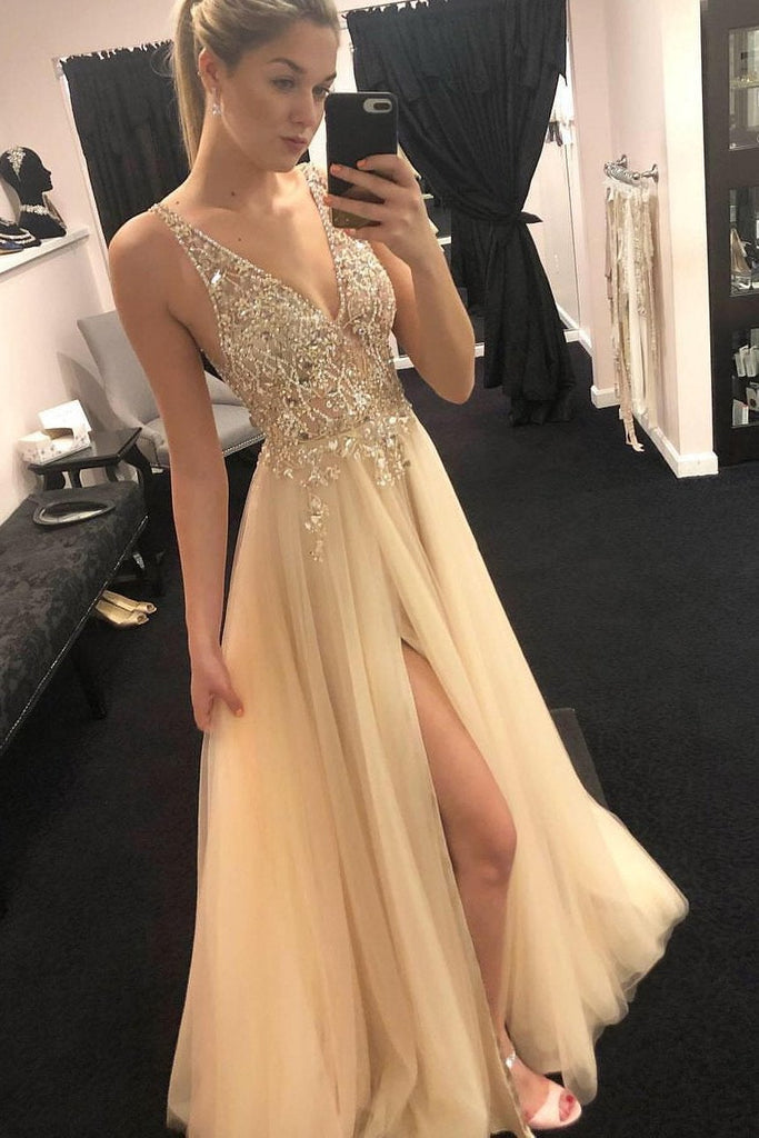 Cheap V-Neck Beading Tulle Long Prom Dress, Junior Split Evening Party Dress INI32