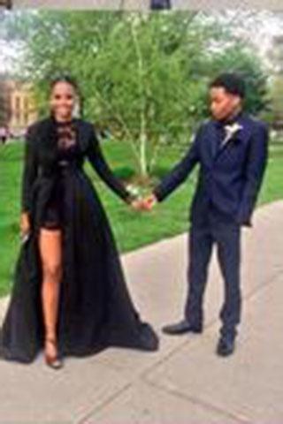 Vintage Long Sleeve Sexy Black A-Line Lace Satin Prom Dresses INE16