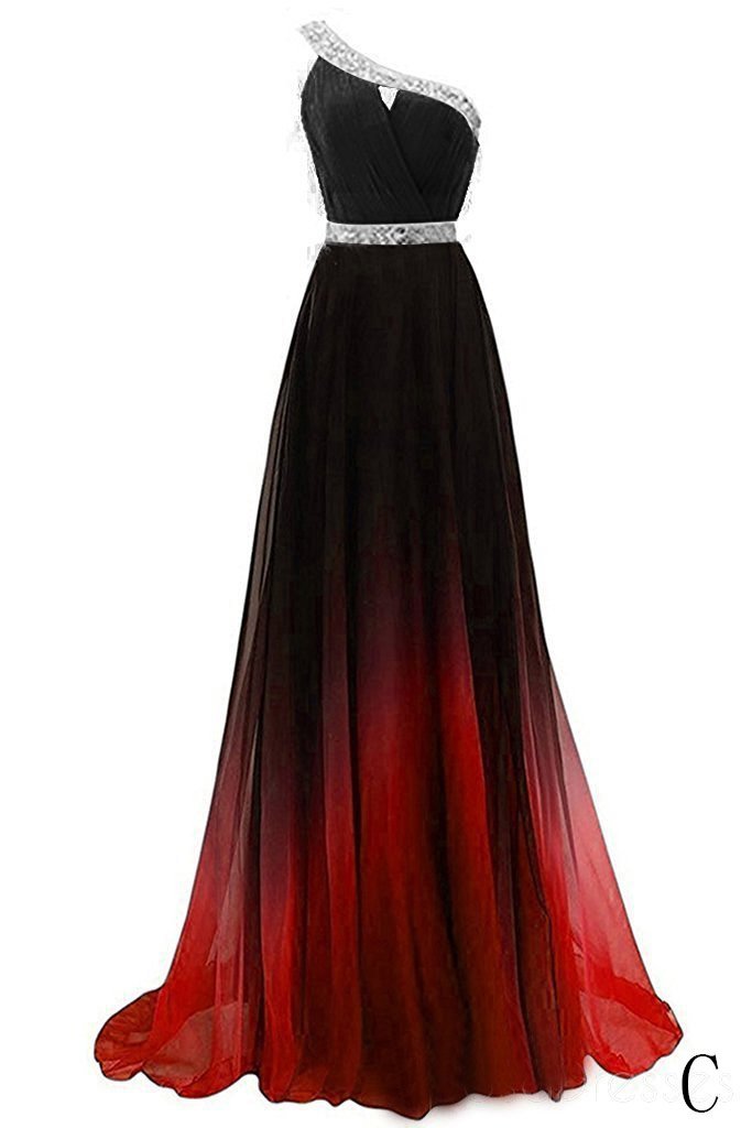 Cheap One Shoulder Ombre Beaded Long Evening Prom Dresses INK38