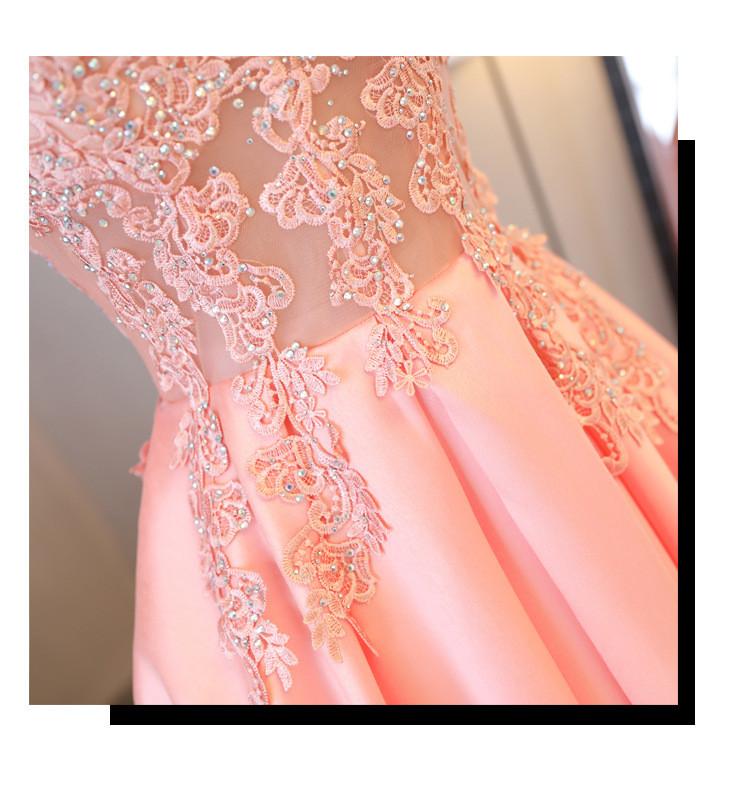 Blush Pink A Line Cap Sleeves Appliques Beaded Long Prom Dresses INJ85
