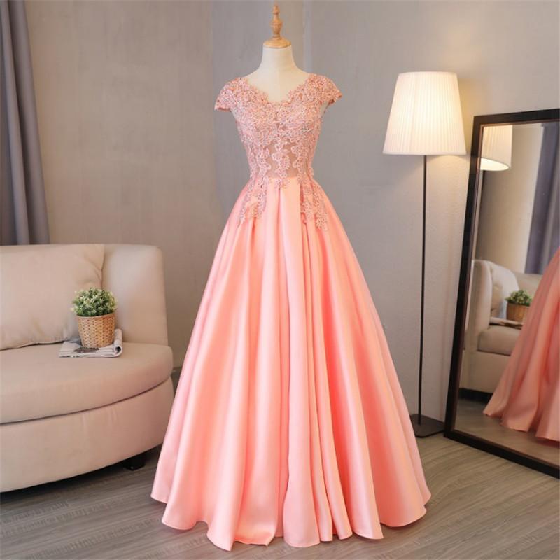 Blush Pink A Line Cap Sleeves Appliques Beaded Long Prom Dresses INJ85