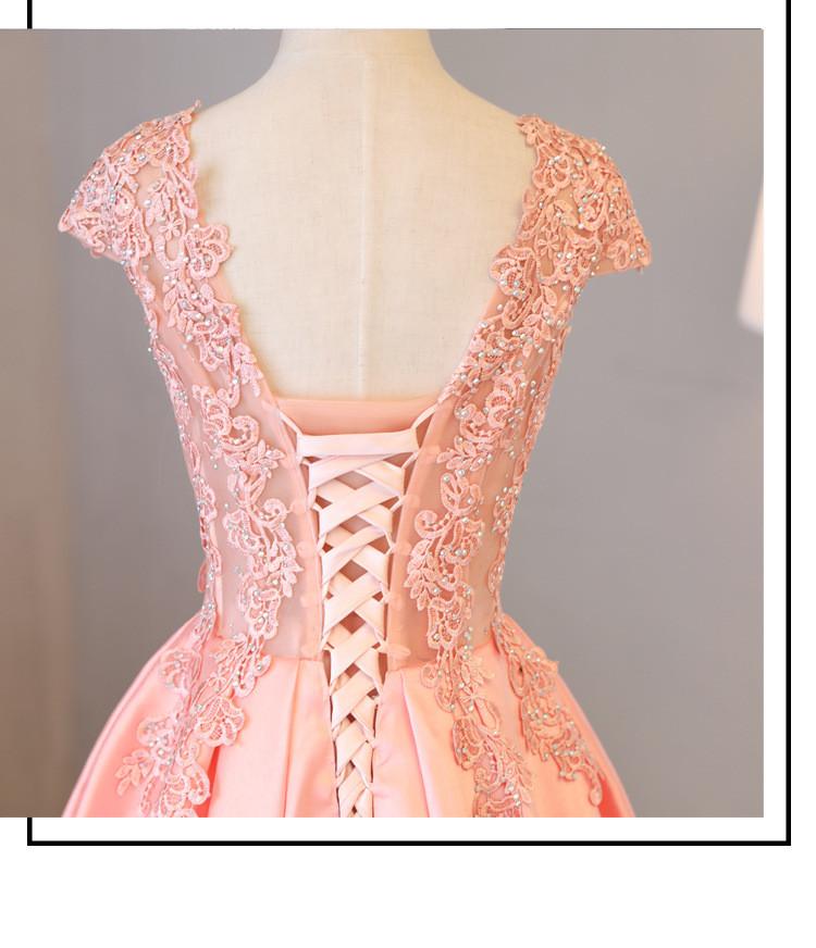 Blush Pink A Line Cap Sleeves Appliques Beaded Long Prom Dresses INJ85