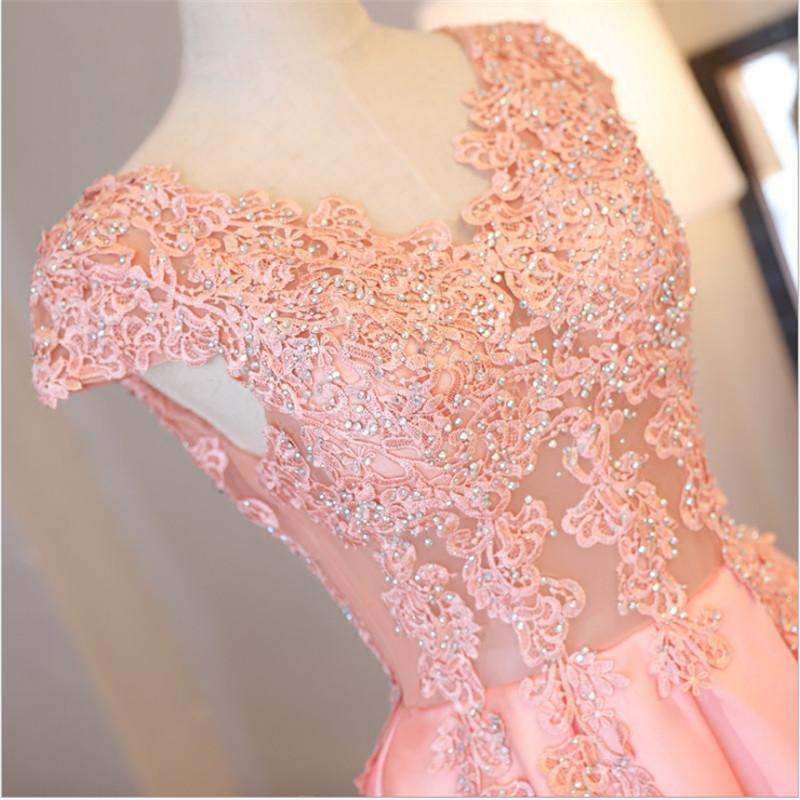 Blush Pink A Line Cap Sleeves Appliques Beaded Long Prom Dresses INJ85