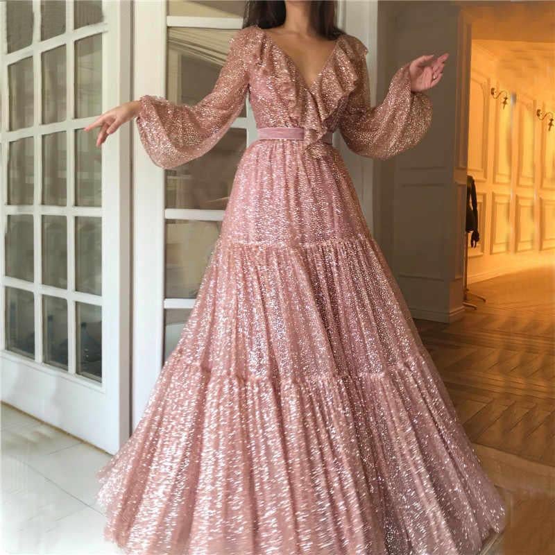 Sparkle V-neck Long Sleeves V-neck Pink Evening Prom Dresses with Ruffles INH92