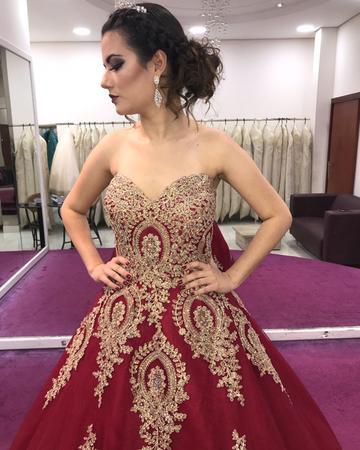 Gold Lace Appliques Sweetheart Ball Gown Prom Dress Sweet 16 Dress Quinceanera Dresses INI59