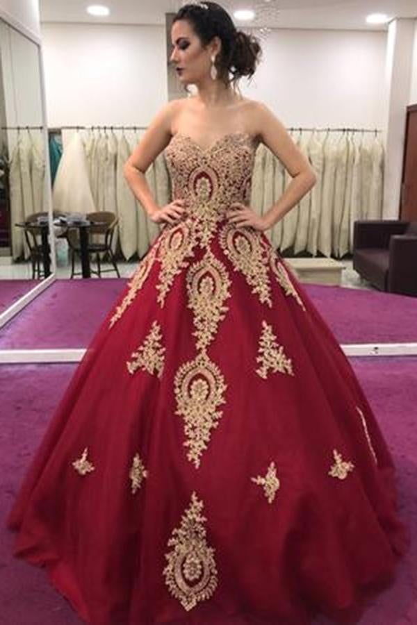 Gold Lace Appliques Sweetheart Ball Gown Prom Dress Sweet 16 Dress Quinceanera Dresses INI59