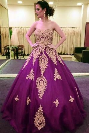 Gold Lace Appliques Sweetheart Ball Gown Prom Dress Sweet 16 Dress Quinceanera Dresses INI59