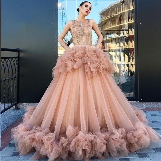 Ball Gown Scoop Ruffles Tulle Long Beautiful Beading Prom Dress,Quinceanera Dresses ING26
