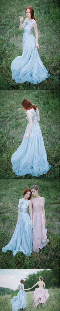 Long Light Blue Chiffon Scoop A-line Floor-length Appliques Prom Dress IN736