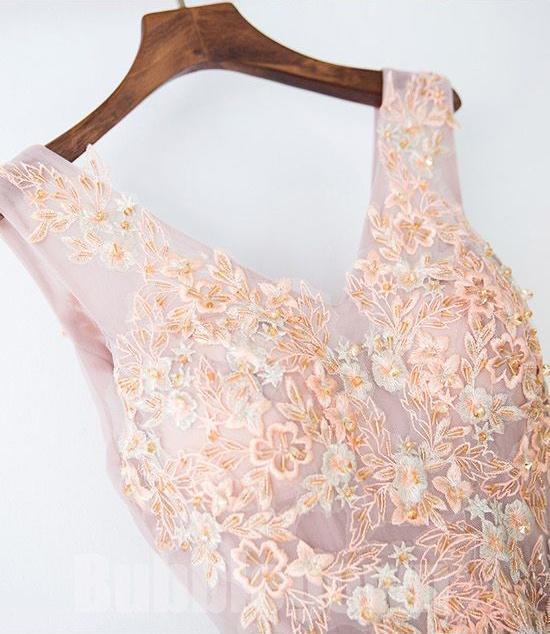 Pearl Pink Lace Top V-neck A Line Floor-length Long Tulle Beautiful Prom Dress IN877