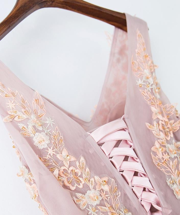 Pearl Pink Lace Top V-neck A Line Floor-length Long Tulle Beautiful Prom Dress IN877