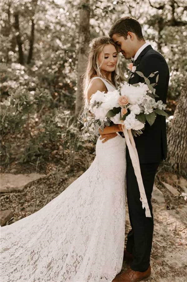 Elegant Lace Sheath V neck Backless Wedding Dresses With Train Bridal indresses