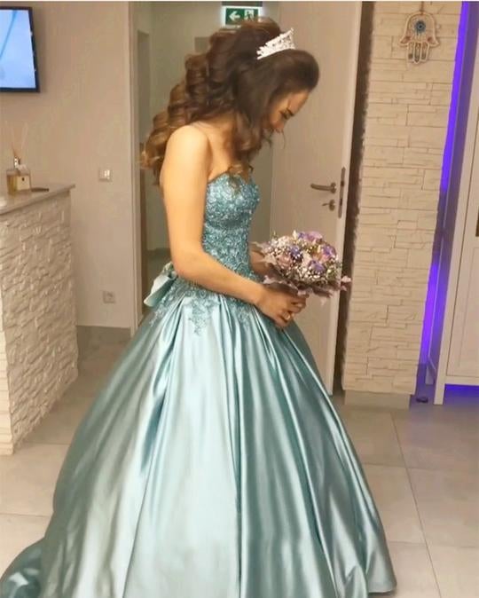 Princess Blue Beaded Sweetheart Strapless Ball Gown Long Prom Dresses IN994